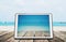 Digital Tablet on Wooden Desk at the Tropical Beach
