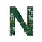 Digital technology font. The letter N cut out of white on the printed digital circuit board with microprocessors and