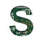 Digital technology font. The letter S cut out of white on the printed digital circuit board with microprocessors and