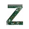 Digital technology font. The letter Z cut out of white on the printed digital circuit board with microprocessors and