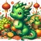 A digital vector pro art of a cute green dragon, pose with the fruits arounds, red chinese lampion, cartoon