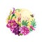 Digital watercolor botanical illustration, tropical flowers inside round shape, palm leaf, gerber, hydrangea, bumblebee.