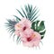 Digital watercolor painting bouquet with Hibiscus flowers, Palm leaves, Monstera Deliciosa Leaf