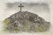 A digital watercolor painting of the Llanddwyn island cross