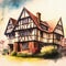 Digital watercolor painting of an old half-timbered old British pub in the city.