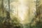 Digital watercolor painting of a peaceful forest scene in earthy green and brown tones with a misty atmosphere