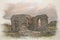 Digital watercolor painting of the ruined church and Saxon cross at Ynys Llanddwyn