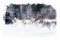 Digital watercolor  painting of sled dogs, dogs running on snow, landscape with animal illustration