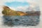 Digital watercolour painting of Blea Tarn in the English Lake District with views of the Langdale Pikes, and Side Pike