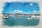 A digital watercolour painting of boats moored at Elizabeth Marina, St Helier, Jersey