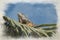 A digital watercolour painting of a green Iguana in a palm tree