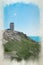 Digital watercolour painting of the iconic WW2 La Corbiere watchtower on the headland of St Brelade, Jersey