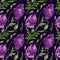 Digital watercolour seamless pattern with purple wild poppies, poppy seedpods, buds and green leaves on the dark