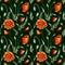 Digital watercolour seamless pattern with red wild poppies, seedpods, buds, and green leaves on the dark green