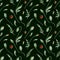 Digital watercolour seamless pattern with wild poppies, seedpods, buds, and green leaves on the dark green background