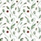 Digital watercolour seamless pattern with wild poppies, seedpods, buds, and green leaves on the white background