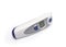 Digital white and blue thermometer with display isolated over white.