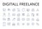 Digitall Freelance line icons collection. Online Entrepreneur, Virtual Contractor, Remote Consultant, E-Commerce Guru