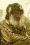 Digitally altered image of 19th century mountain man in full costume, Waterloo, NJ
