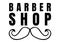 Digitally generated image of barber shop text with moustache icon against white background