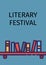 Digitally generated image of literary festival text with book shelf icon against blue background