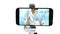 Digitally generated video of white robotic arm holding mobile phone that show medical icons on scree