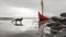 Digitally Manipulated Dogs And Red Sailboat On Cloudy Day