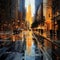Digitally painted cityscape with luminous reflections and golden tones