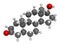 Dihydrotestosterone (DHT, androstanolone, stanolone) hormone molecule. 3D rendering. Atoms are represented as spheres with