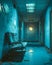 Dilapidated Corridor with Retro Chair and Eerie Glow. Generative ai