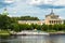 Dilapidated monument of the Stalinist Empire style. Tver river station on the Volga river a few days before the crash. Russia.