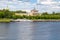 Dilapidated monument of the Stalinist Empire style. Tver river station on the Volga river a few days before the crash. Russia.