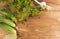 Dill sprigs, fresh cucumbers, garlic head, bay leaf on a brown wooden background