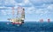 Dilling rig MAERSK RESOLUTE and supply vessels on the North Sea near the Netherlands