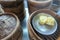 Dim sum bamboo basket containers in a restaurant Chinese food