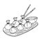 Dim sum in hand drawn doodle style. Vector illustration. Chinese dumplings with sauce on wooden tray.