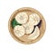 Dim sum hand drawn vector illustration. Malaysian dumplings top view. Asian food with basil leaves in bamboo plate