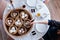 Dim sum set served in steamer baskets with hands using chopsticks.