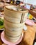 Dim sum, top view and text input area, dim sum (Chinese food) in steamed bamboo.