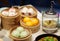 Dim sum, traditional Chinese dumpling in bamboo steamer, pig and animal theme for kids. Street food for children in China, Hong