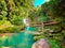 Dimiao Twin waterfalls in a mountain gorge in the tropical jungle of the Philippines, Bohol