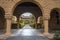 Diminishing perspective of empty archway at Stanford University