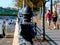 Diminishing perspective view with cast iron railing ornaments and fall street scene in Budapest