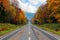 A diminishing perspective view of a country highway running straight & uphill toward a mountain in background with vibrant fall