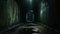 A dimly lit alley casts an eerie ambiance, showcasing water puddles that reflect the darkness, Old urban underground tunnel,