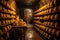 dimly lit cellar with rows of cheese