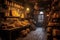 dimly lit cheese cellar with cobwebs and vintage ambiance