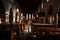 a dimly lit church with pews and stained glass windows on both sides of the pews and a row of pews on the other side of the pews