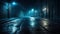 A dimly lit city street with streetlights at night. Generative ai