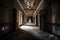 the dimly-lit hallways of an abandoned asylum, with shadows lurking in the corners
